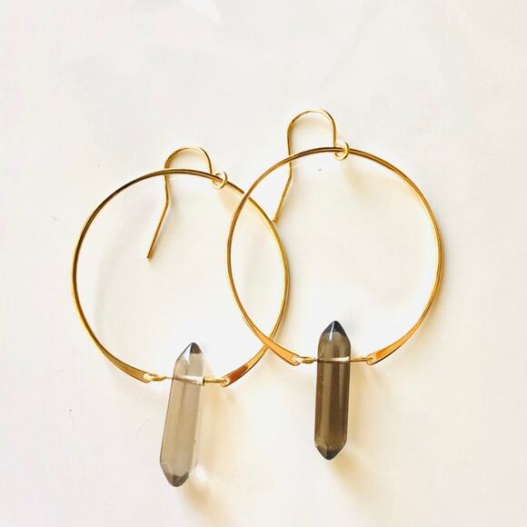 Smoky Quartz Gold Handmade Boho Gemstone Crystal Hoop Earrings Hoops Jewelry - Picture 1 of 6